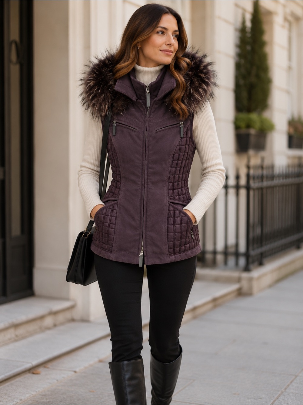 Laurel Quilted Fur Trim Hooded Vest - size 2/4/XS/S